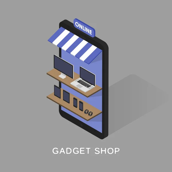 Isometrische concept store online winkelen van gadgets en elektronica. Mobiele telefoon winkel voorkant. Sartwatches, tabletten, computers, laptops op de planken — Stockvector