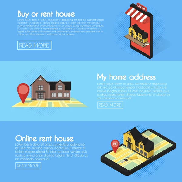 Banners set. Real estate online searching isometric flat vector concept. For Sale or Rent Showcases phone — Stock Vector