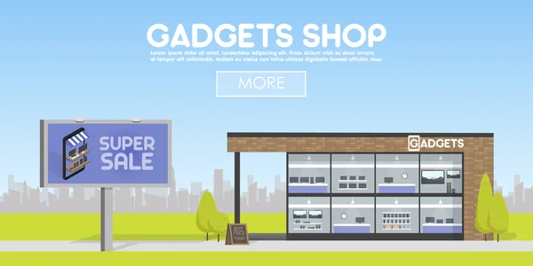 Fachada gadgets loja no espaço urbano, a venda de computadores, laptops, telefones, tablets. Publicidade Billboard de venda de eletrônicos . — Vetor de Stock