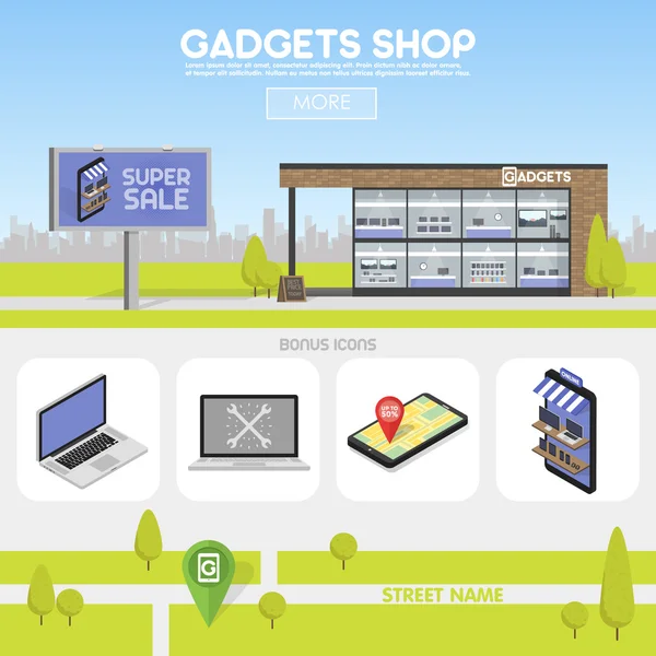 Gevel gadgets winkel in de stedelijke ruimte, de verkoop van computers, laptops, telefoons, tabletten. Billboard reclame uit de verkoop van elektronica. — Stockvector