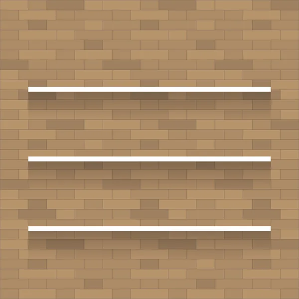 Mensola in legno vuota per esposizione su sfondo texture muro di mattoni — Vettoriale Stock