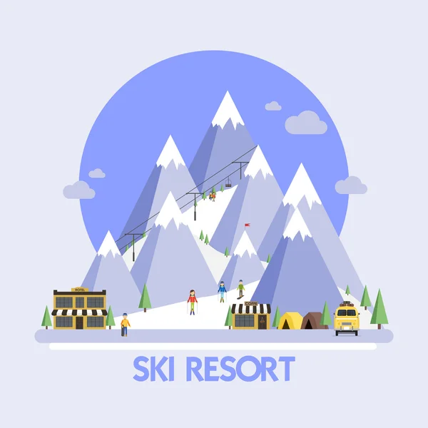 Sí Resort. Hegyi tájak. Vektor lapos — Stock Vector