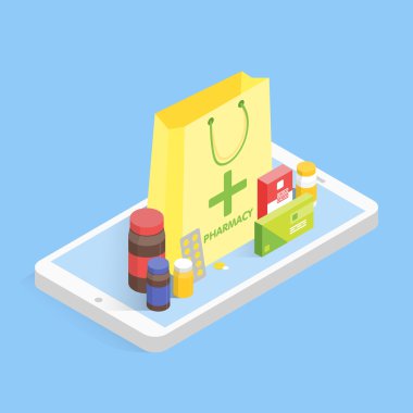 Modern eczane ve eczane konsepti. İzometrik telefon Satılık ilaçlar online. Vektör basit örnek
