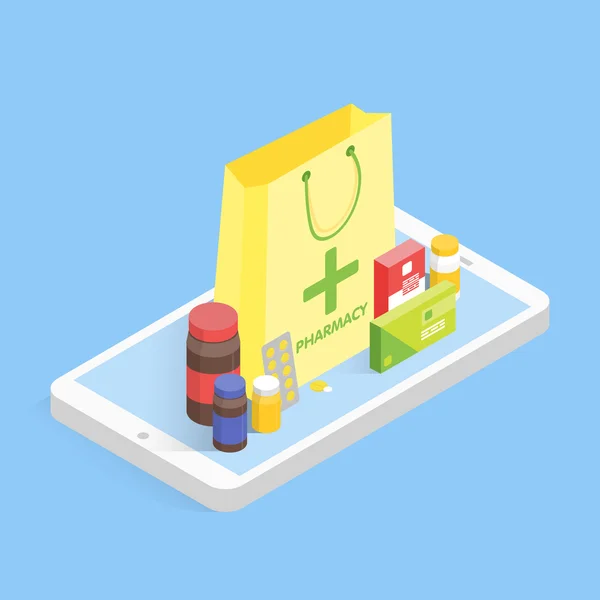 Modern pharmacy and drugstore concept. Isometric phone sale drugs online. Vector simple illustration — Stock Vector