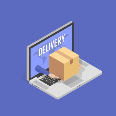 Hızlı Online teslimat hizmeti için kavram. Messenger el laptop perde kutudan paketi vererek. İzometrik illüstrasyon vektör