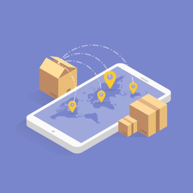 Online teslimat kavramı izometrik simgesi izleme. Vektör çizim. Akıllı Mesaj teknoloji dijital tablet veya cep telefonu. Parça denetleyicisi uygulama