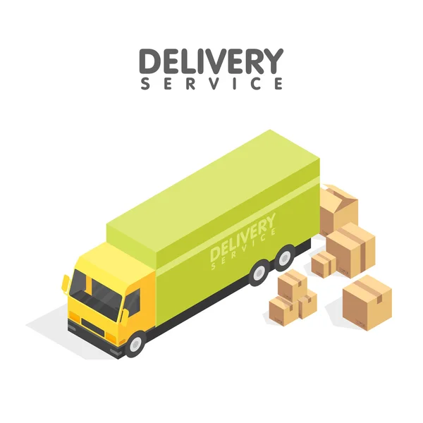Isometric delivery car and set of cardboard boxes. Isometric vector illustration. Delivery service concept — Stock Vector