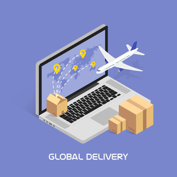 Isometric Concept Online tracking. Shipping and global deliveries by air service. Cardboard boxes with products. Aircraft flying.