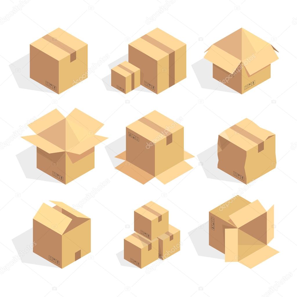 Open and closed delivery cardboard icons set isolated vector illustration
