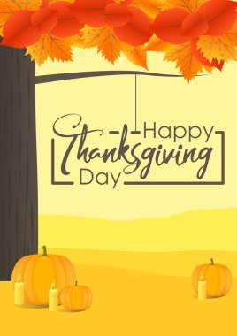 Mutlu Şükran günü. Vektör çizim el harfli metin ve sonbahar manzara ile