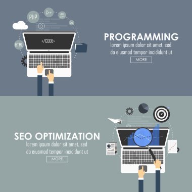 Düz afiş programlama ve seo optimizasyonu için tasarlanmış. Vektör görüntü.