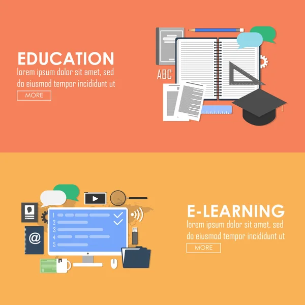 Banner vetorial Educação e e-learning. Aprendizagem on-line design plano —  Vetores de Stock