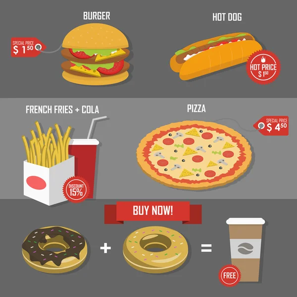 Fast-Food-Preise setzen Plakatvektoretikett — Stockvektor