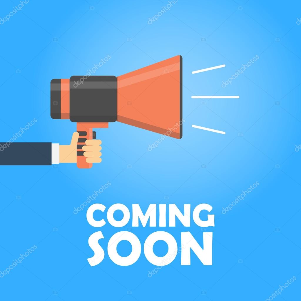 Coming soon vector banner. Announcement megaphone