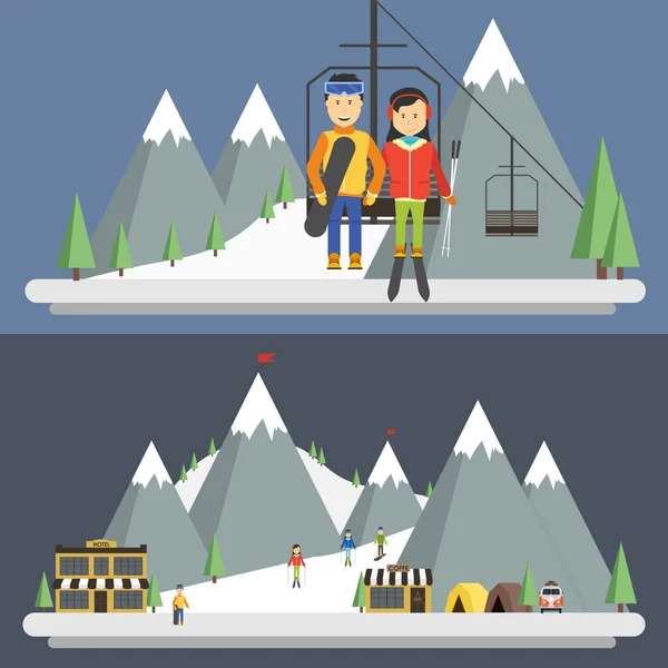 Ośrodek narciarski w górach, czas zimowy — Wektor stockowy