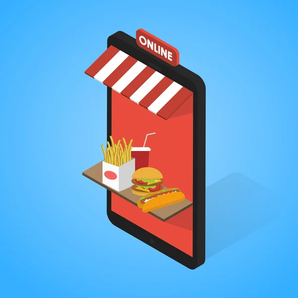 Los iconos de comida rápida son isométricos. Tableta, móvil . — Vector de stock