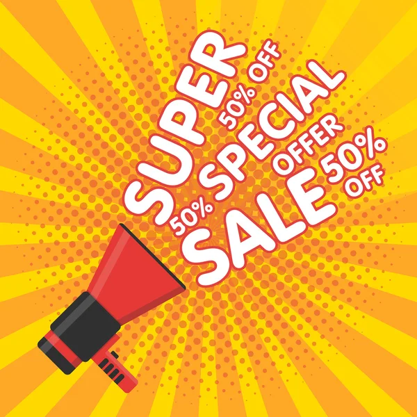 Super sale vector banner. Announcement megaphone — Stock Vector