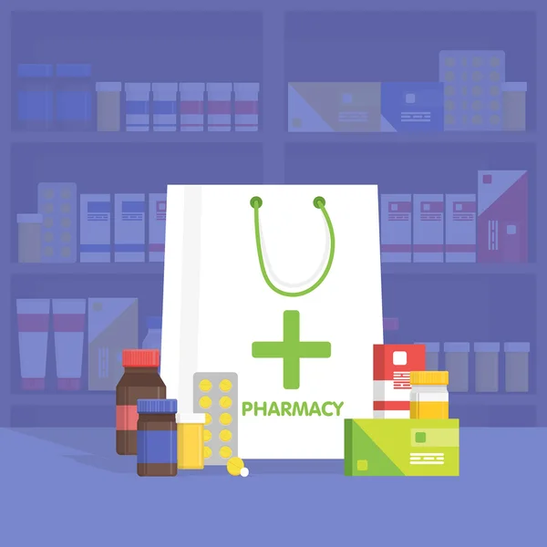Farmacia interior moderna y farmacia. Vector ilustración simple . — Vector de stock