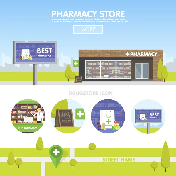 Fachada de farmacia en el espacio urbano, la venta de medicamentos y píldoras . — Vector de stock