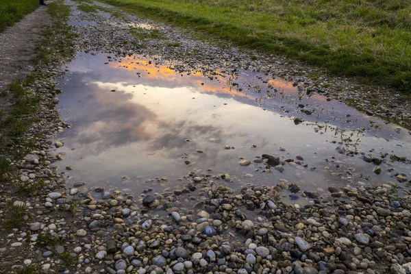 Speglar en solnedgång sky i en vattenpöl — Stockfoto