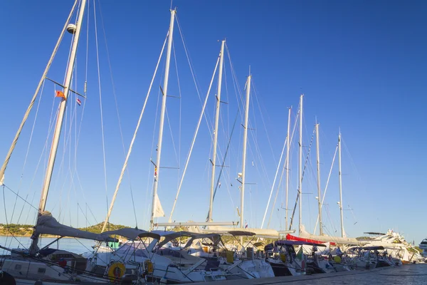 Sunrise at Sibenik port full of sailing yacht — Stock Photo, Image