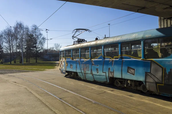 Old tramway model with graffiti in Zagreb,Croatia — Stock Photo, Image