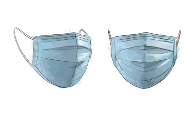 Tıbbi maske, cerrahi maske, virüs ve enfeksiyon koruması suluboya, renkli çizimler, gerçekçi