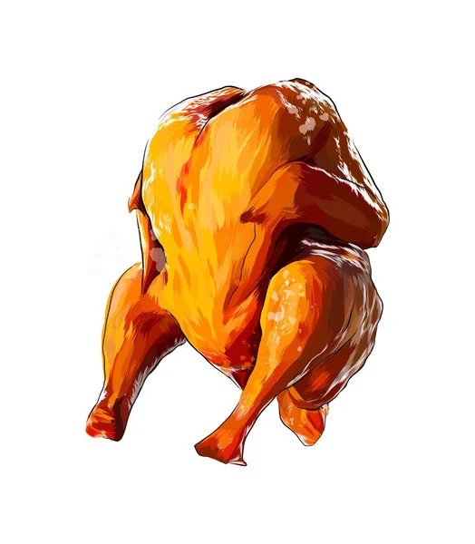 Pollo entero frito de un chorrito de acuarela, dibujo en color, realista — Vector de stock