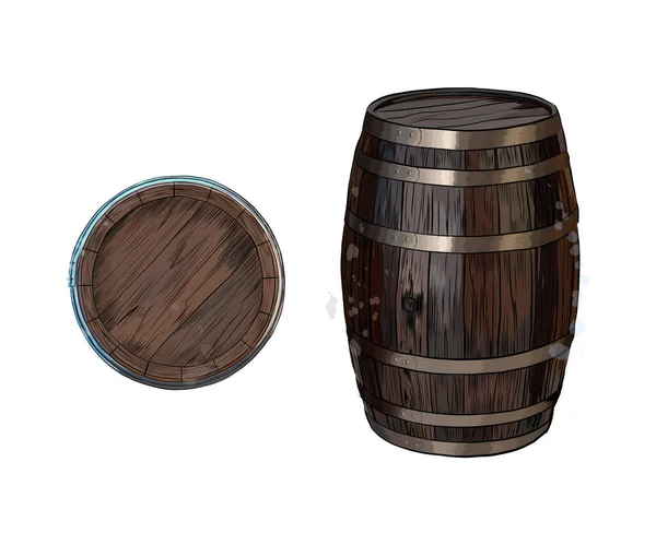 水彩画、カラードローイングのスプラッシュからワインや他の飲み物のための木製の樽、現実的な — ストックベクタ