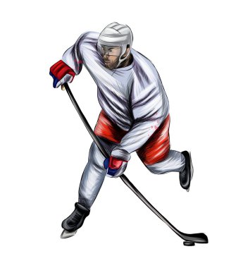 Soyut hokey oyuncusu suluboya resimlerden, renkli çizimlerden, gerçekçi. Kış sporu