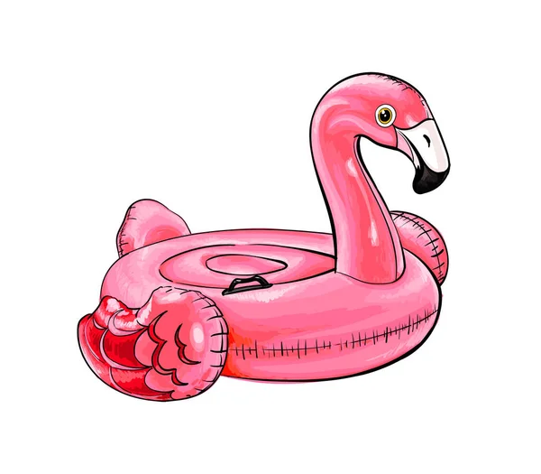 Verano piscina inflable caucho rosa Flamingo juguete de un chapoteo de acuarela, dibujo en color, realista — Vector de stock