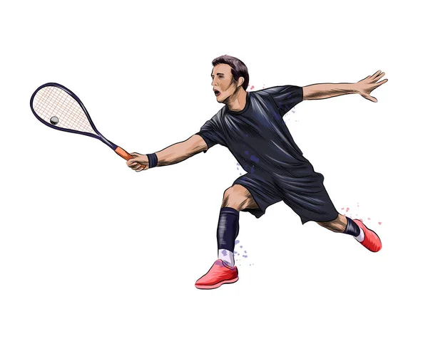 Soyut genç adam, balkabağında sağ elinde raketle egzersiz yapıyor. Squash oyunu eğitimi — Stok Vektör