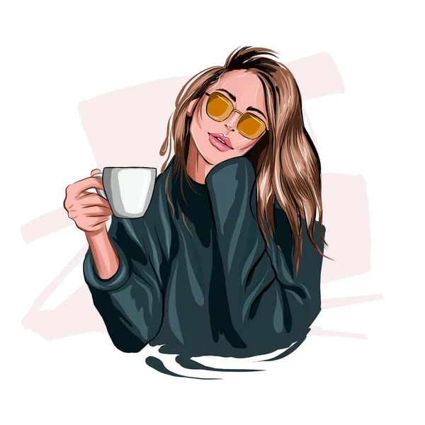 Schöne junge Frau mit Plastikkaffeebecher in der Hand. Stilvolles Mädchen, farbige Zeichnung, realistisch — Stockvektor
