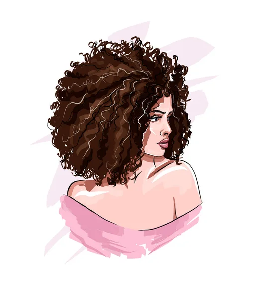 Mulher bonita com cabelo encaracolado. Menina americana africana elegante com penteado afro, desenho colorido, realista — Vetor de Stock