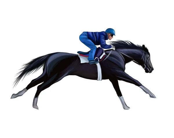 Corse di cavalli con un fantino da spruzzi di acquerello, disegno a colori, realistico, Equitazione — Vettoriale Stock