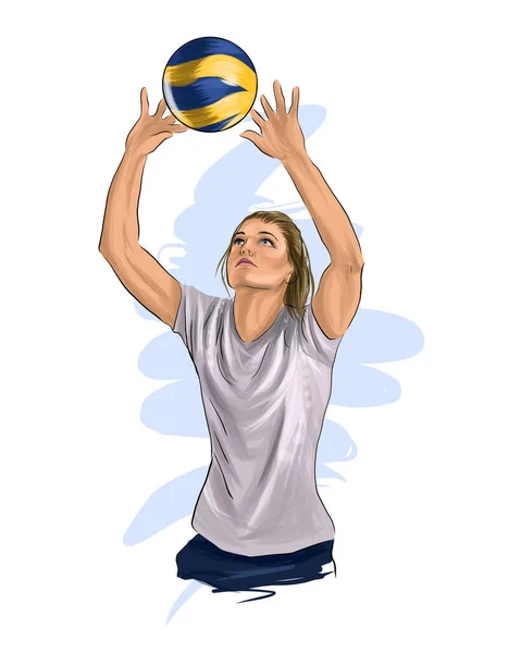 Abstrakter Volleyballspieler, der von einem Farbtupfer springt, farbige Zeichnung, realistisch — Stockvektor