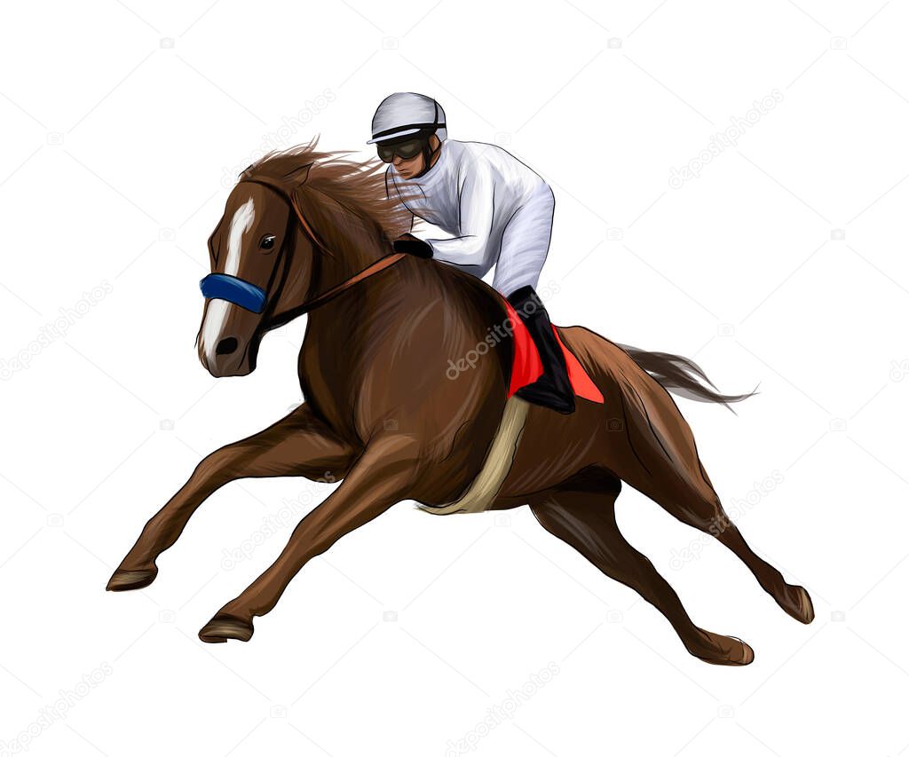 Horse racing with a jockey from splash of watercolors, colored drawing, realistic, Horseback riding