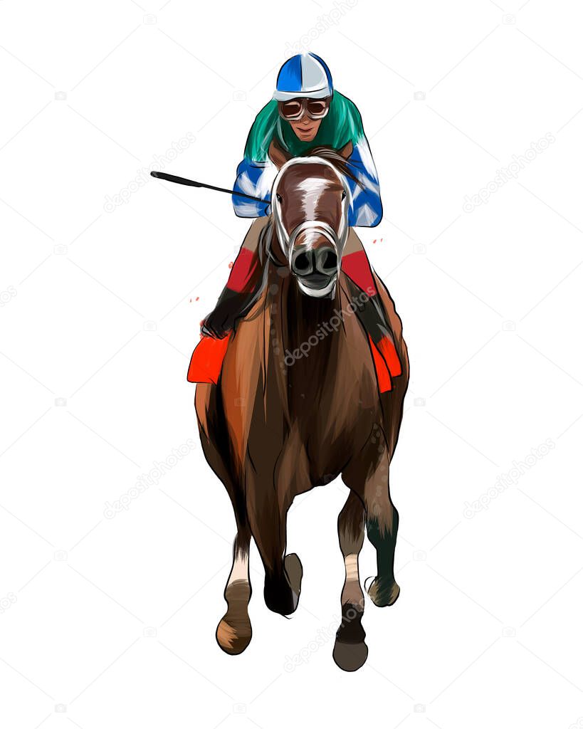 Horse racing with a jockey from splash of watercolors, colored drawing, realistic, Horseback riding