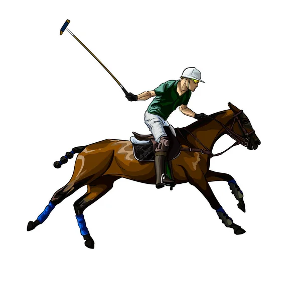 Polo equestre con fantino da schizzo di acquerelli, disegno a colori, realistico, Equitazione — Vettoriale Stock
