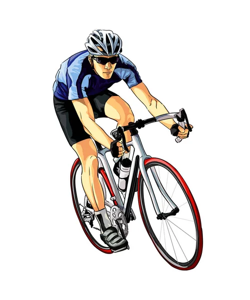 Cycliste abstrait sur une piste de course à partir de éclaboussures d'aquarelles, dessin coloré, réaliste, athlète sur un vélo — Image vectorielle
