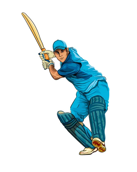 Batedor abstrato jogando críquete de respingo de aquarelas, desenho colorido, realista —  Vetores de Stock