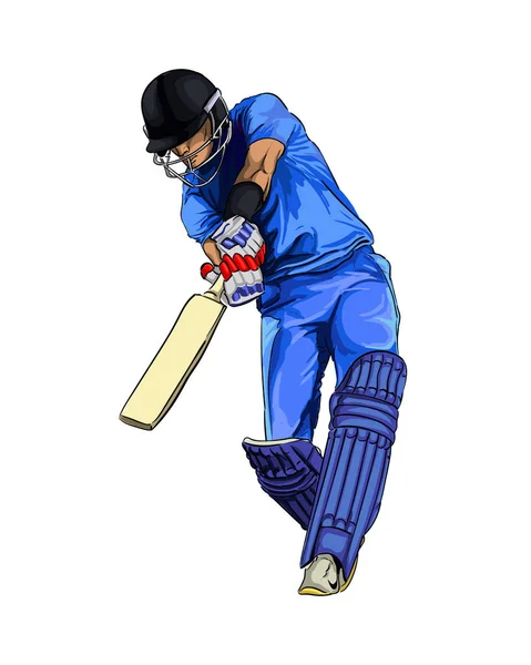Batedor abstrato jogando críquete de respingo de aquarelas, desenho colorido, realista — Vetor de Stock