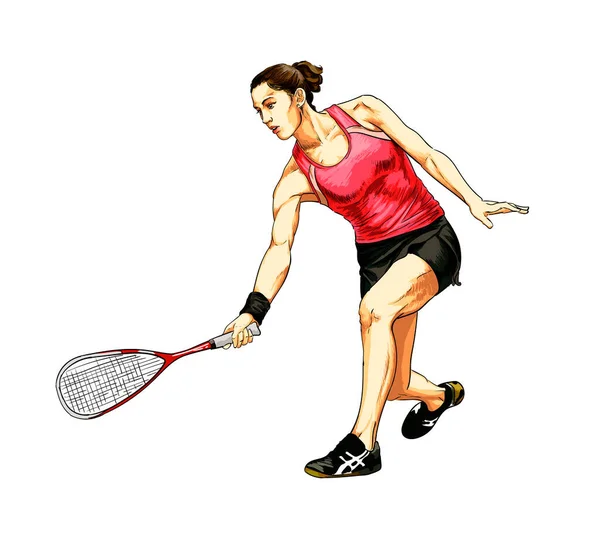 Abstraktní mladá žena dělá cvičení s raketou na pravé ruce v squash. Squash game training — Stockový vektor