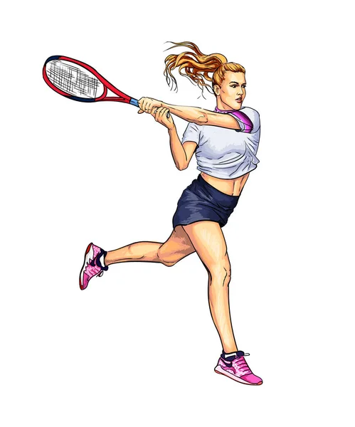 Abstract tennisspeler met een racket van een plons aquarellen, gekleurde tekening, realistisch — Stockvector