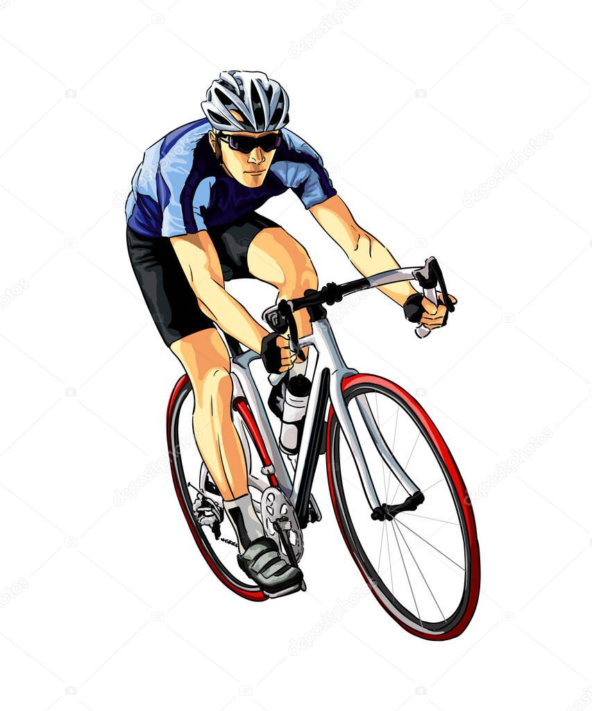 Abstract cyclist on a race track from splash of watercolors, colored drawing, realistic, athlete on a bike