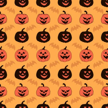 Cadılar Bayramı turuncu, kusursuz desen. Balkabakları ve yarasalarla sonsuz arkaplan.