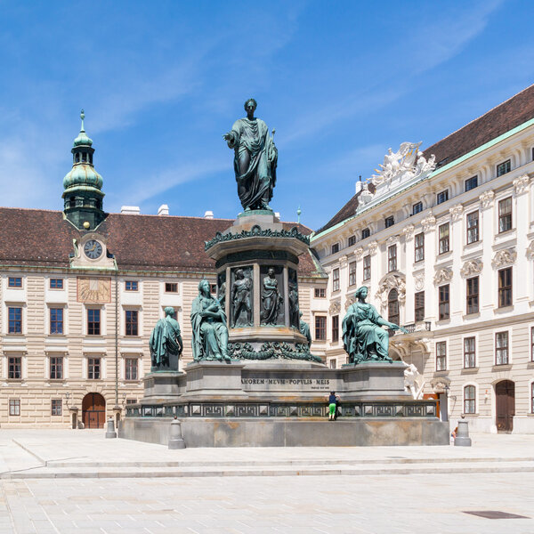 VIENNA, AUSTRIA - MAY 22, 2016: Hofburg Palace court with Amalienburg, Sisi museum and monument statue of Emperor Francis I, In der burg, Vienna, Austria