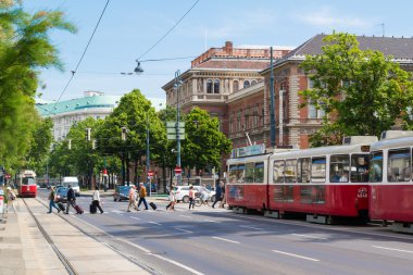 Parkring Ringstrasse tramvay ve insanlarla Viyana, Avusturya