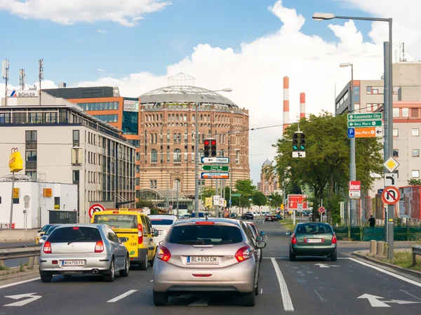 Gasometer city street with cars, Вена — стоковое фото