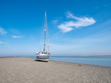 Yelkenli Wadden Denizi 'nin alçak gelgitinde, Hollanda, Vlieland yakınlarındaki Richel adasında kuruyup kaldı.